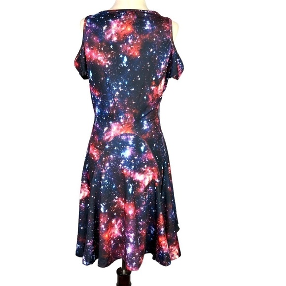 Hot Topic space dress cold shoulder fit and flare skater printed poly spandex S - Picture 4 of 9